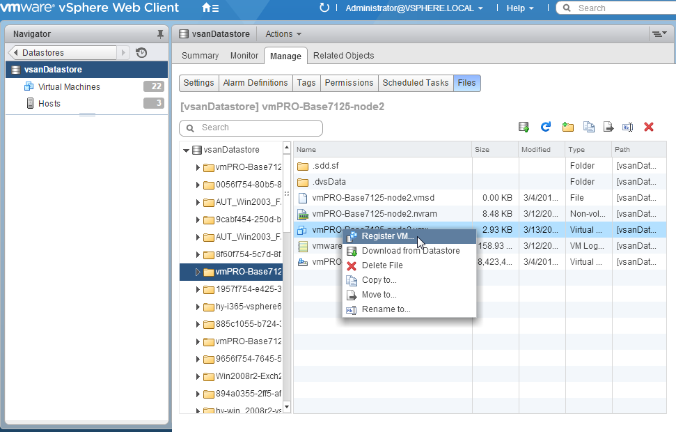 Manually Registering a Recovered VM
